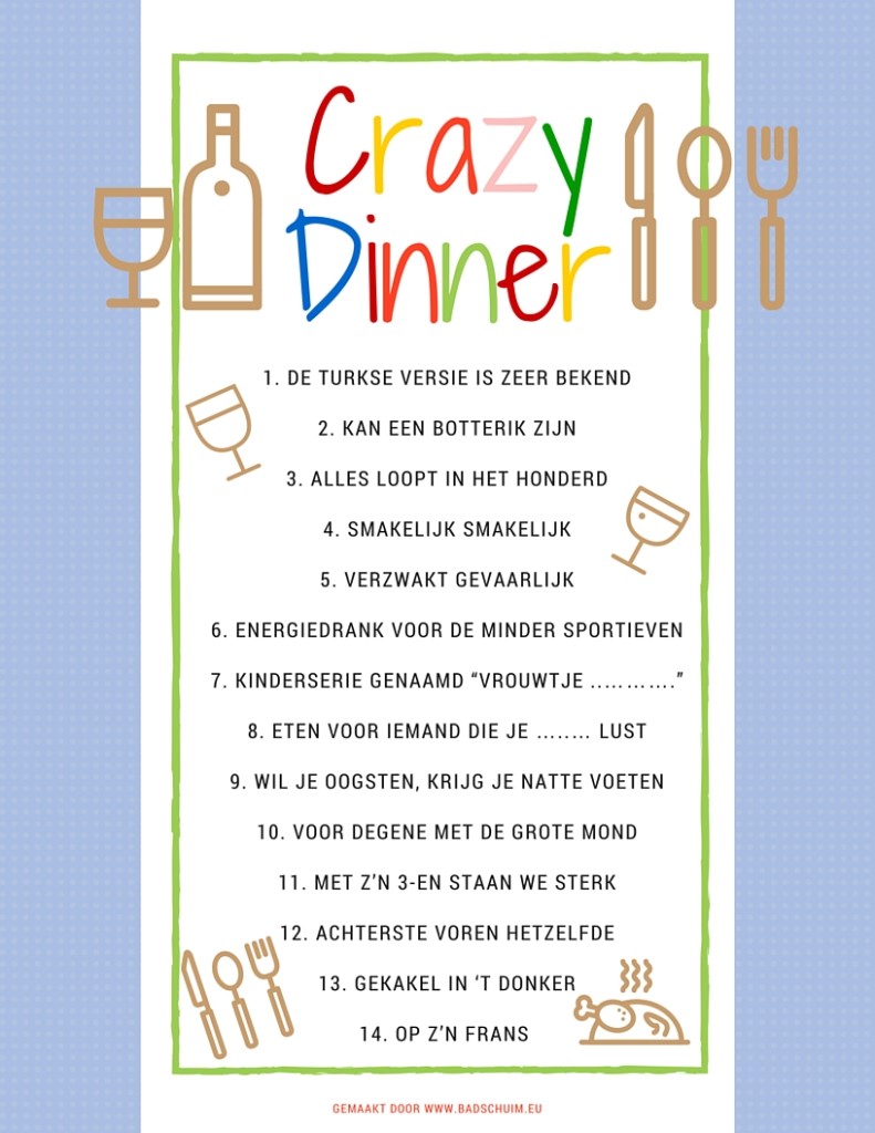 Crazy Dinner menu de omschrijvingen - gemaakt door het creatief lifestyle blog www.badschuim.eu