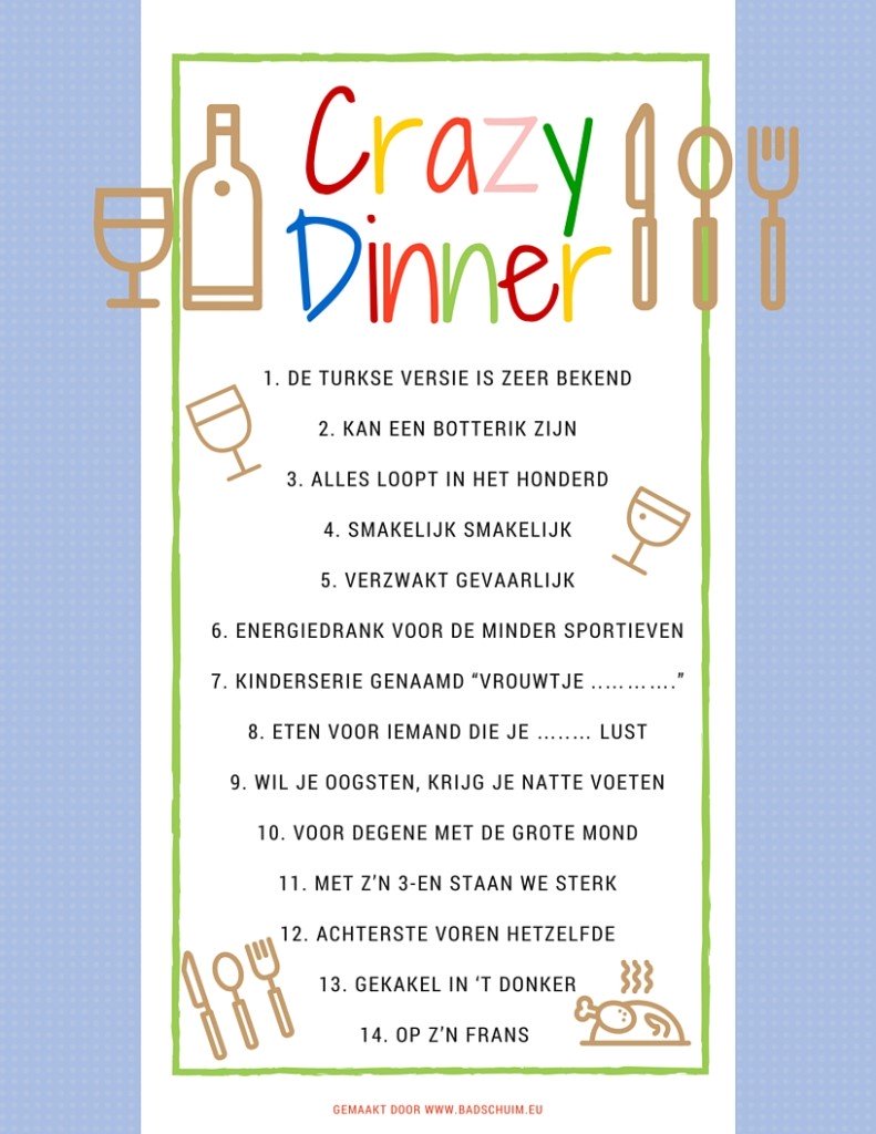 Crazy Dinner menu de omschrijvingen - gemaakt door het creatief lifestyle blog www.badschuim.eu