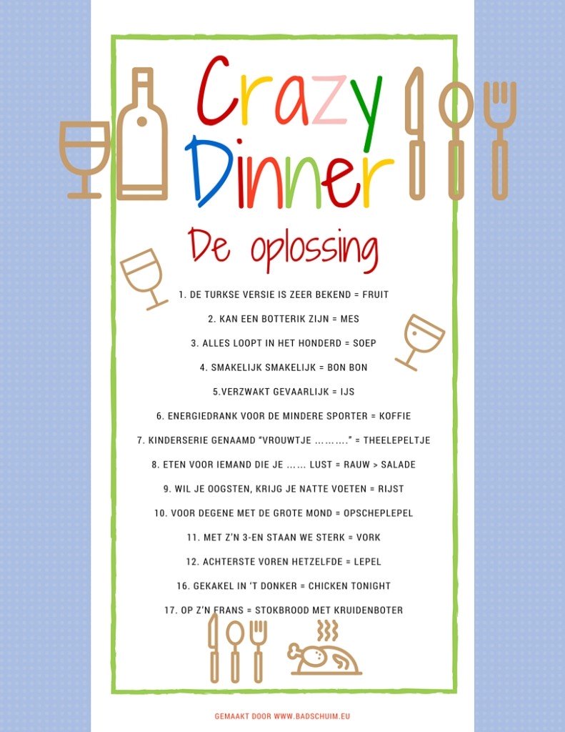 Crazy Dinner menu de oplossing - gemaakt door het creatief lifestyle blog www.badschuim.eu