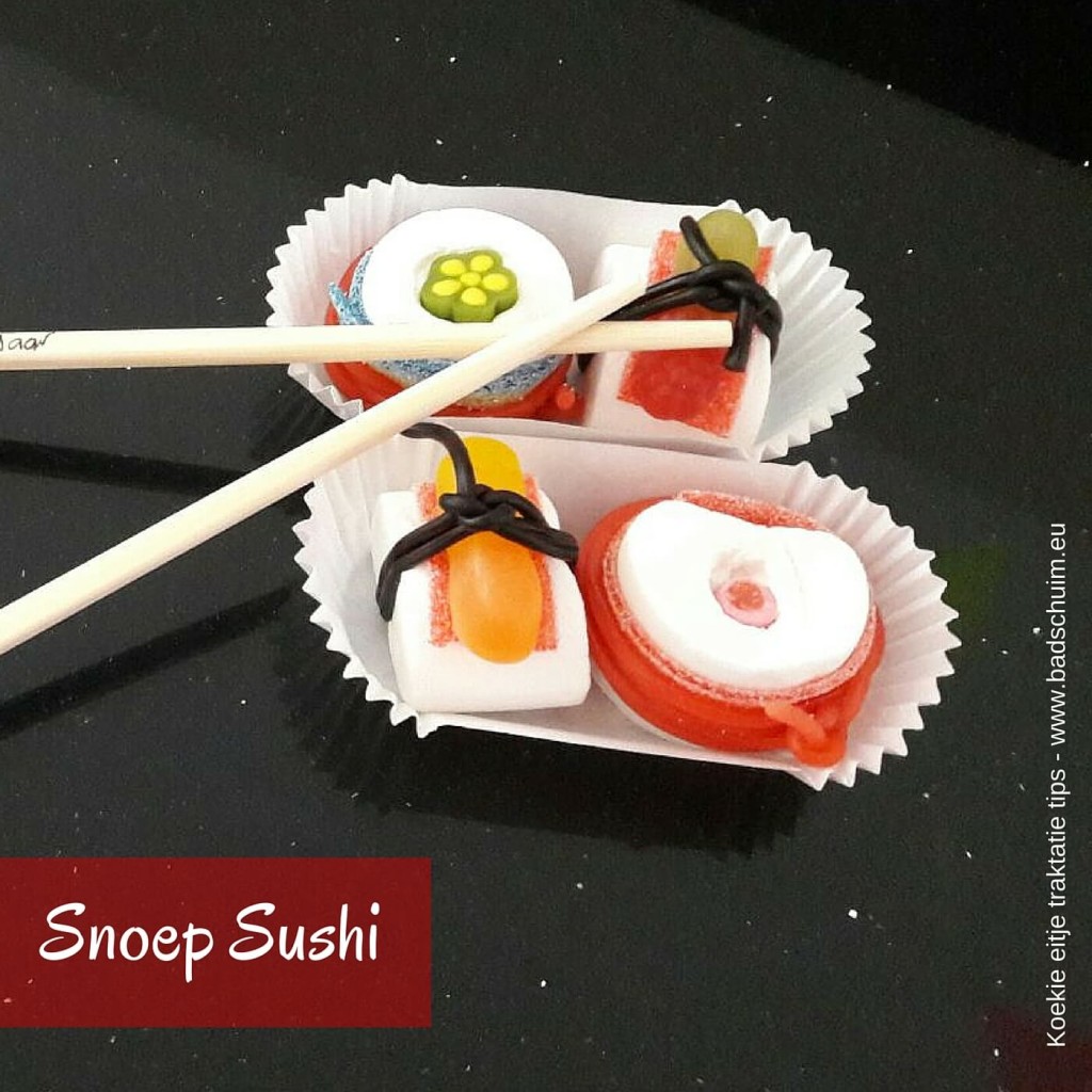 Snoep sushi trakteren, snoep suchi zelf maken, sushi kindertraktatie,